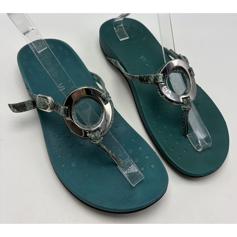 Vionic Karina Sandals Women 9 Snake Print Leather Silver Buckle Thong Flip Flop